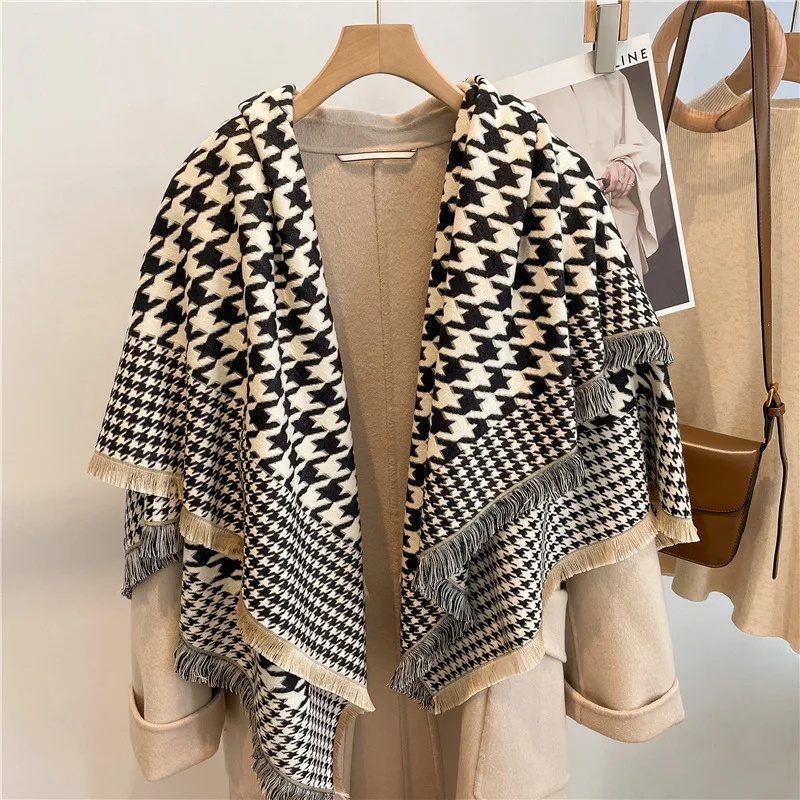 Ladies Thick Square Houndstooth Printed Pashmina Woman Winter Imitation Cashmere Soft Warm Blanket Scarf Shawl With Short Tassel