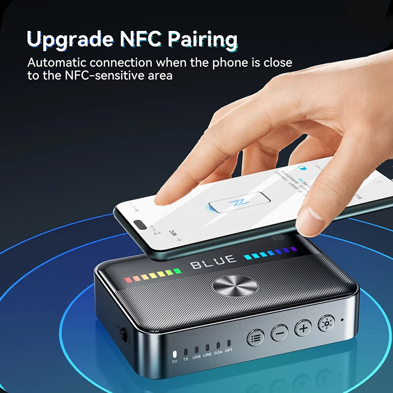 Wireless Adapter NFC Bluetooth 5.3 Audio Receiver Transmitter RGB Colorful Light USB 3.5MM AUX RCA Coaxial Optical DAC Converter
