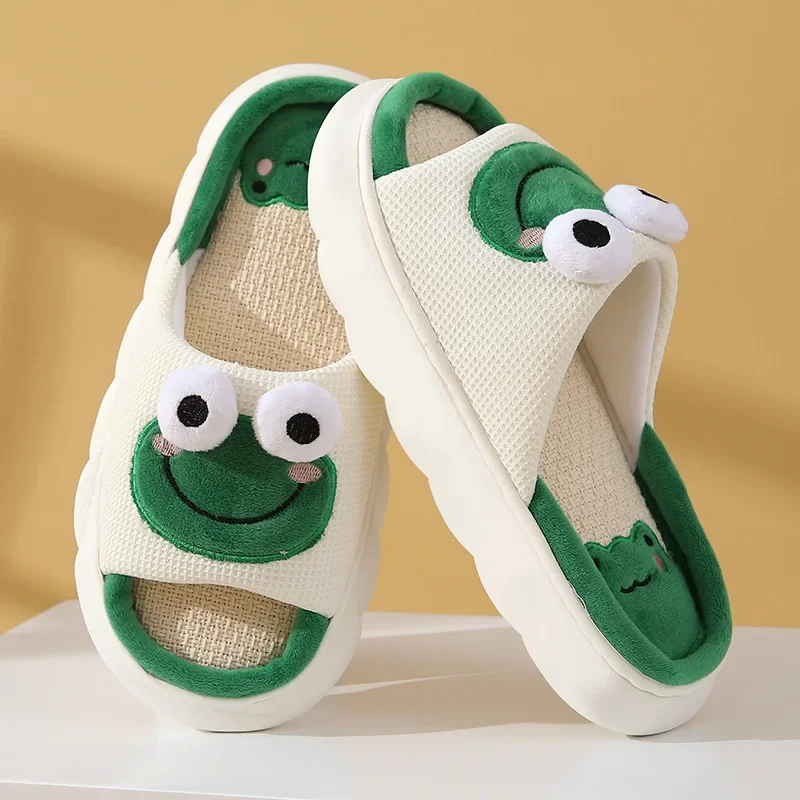 

Cute Frog Slippers for Women Thick Sole Non Slip House Shoes Woman Cotton Linen Couple Indoor Pantuflas Slides Chaussure Femme