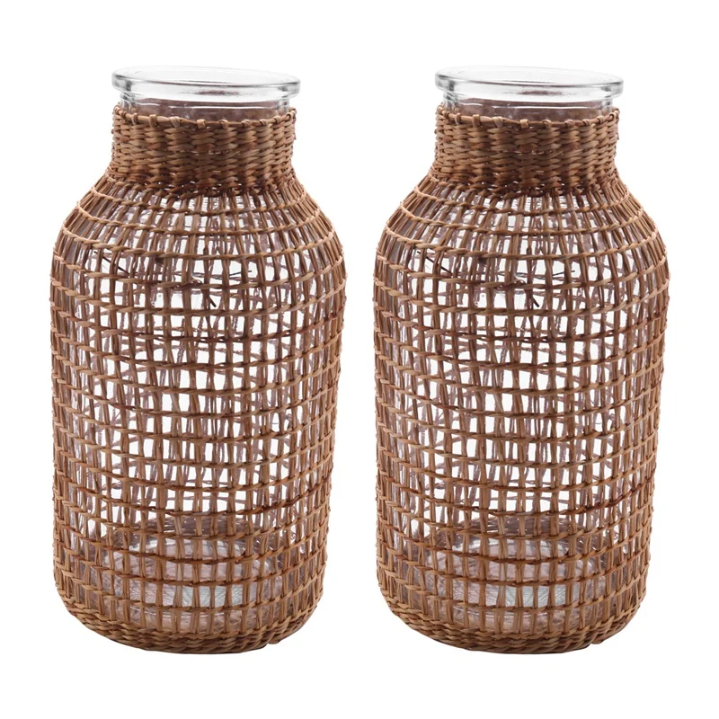 

2X Straw Glass Flower Vase Japanese Flower Pot In The Nordic Contracted Creative Flower Basket To Water Plants -L
