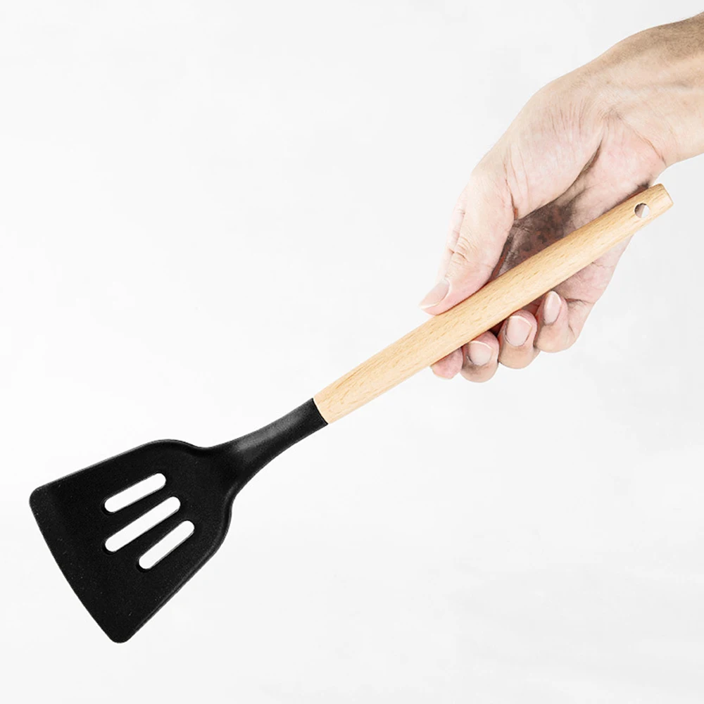 Black Silicone Cooking Utensils kitchen Accessories Set Tool Ladle Egg Beaters Shovel Cooking Non-stick Wooden Handle Spatula