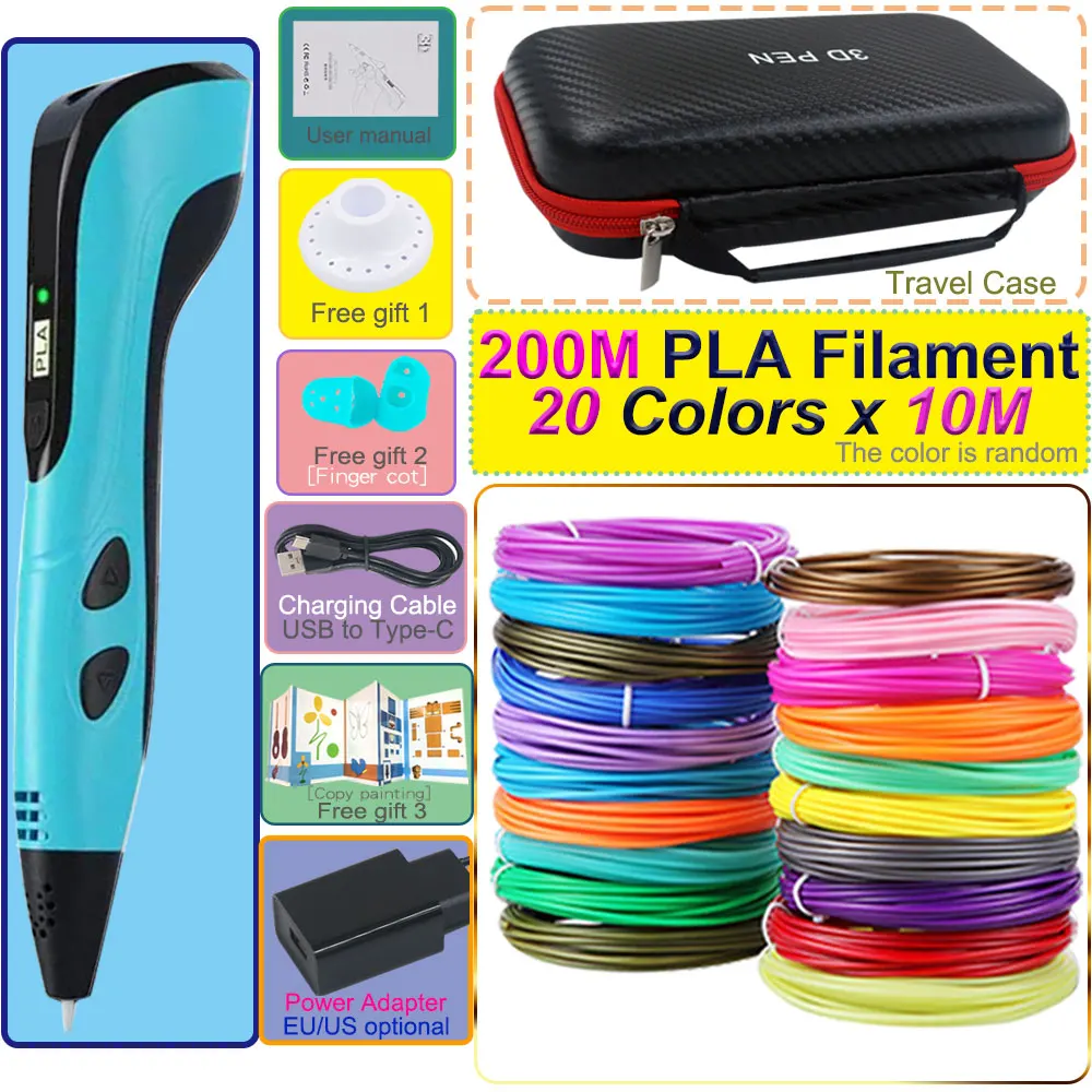 Children's 3D Pen With LED Screen Colorful PLA 3D Printing Pen with Power Adapter and Storage Box Kids Christmas Birthday Gift 3d printing pen