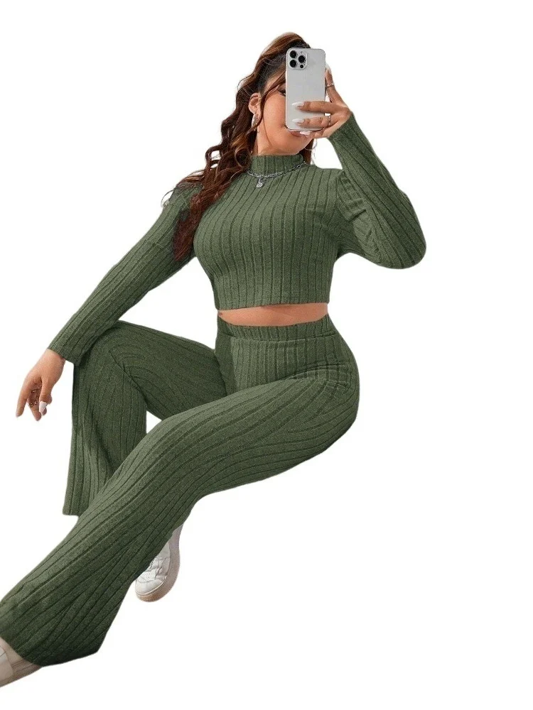 Wmstar Plus Size Women's Two Piece Sets Fashion Autumn and Winter Solid Color Comfortable and Slimming Bodycon Matching Suit