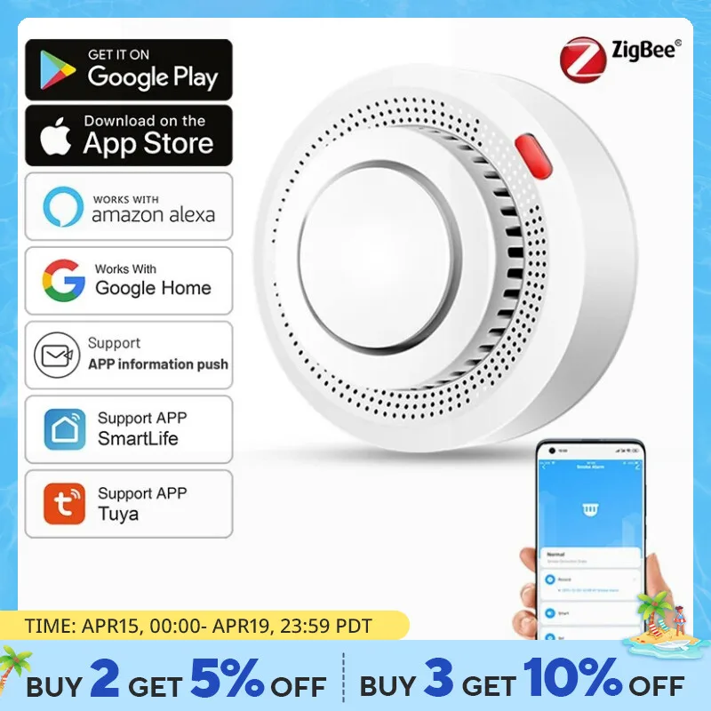 Tuya ZigBee Smart Smoke Detector Security Protection Smoke Alarm Fire Protection For Home Security System Via Smart Life App