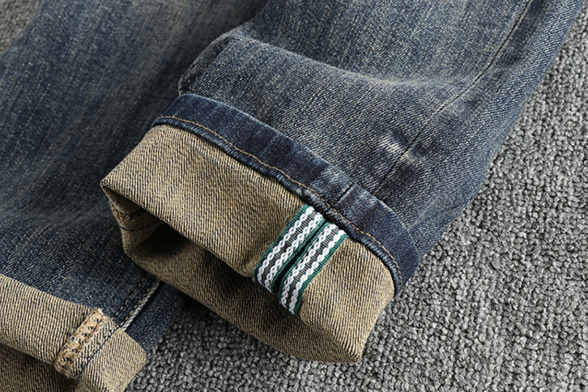 Washed Blue Denim Jeans Men Clothing Retro Cargo Distressed Pants Embroided Fashion Trousers Casual Wear Four Seasons Straight