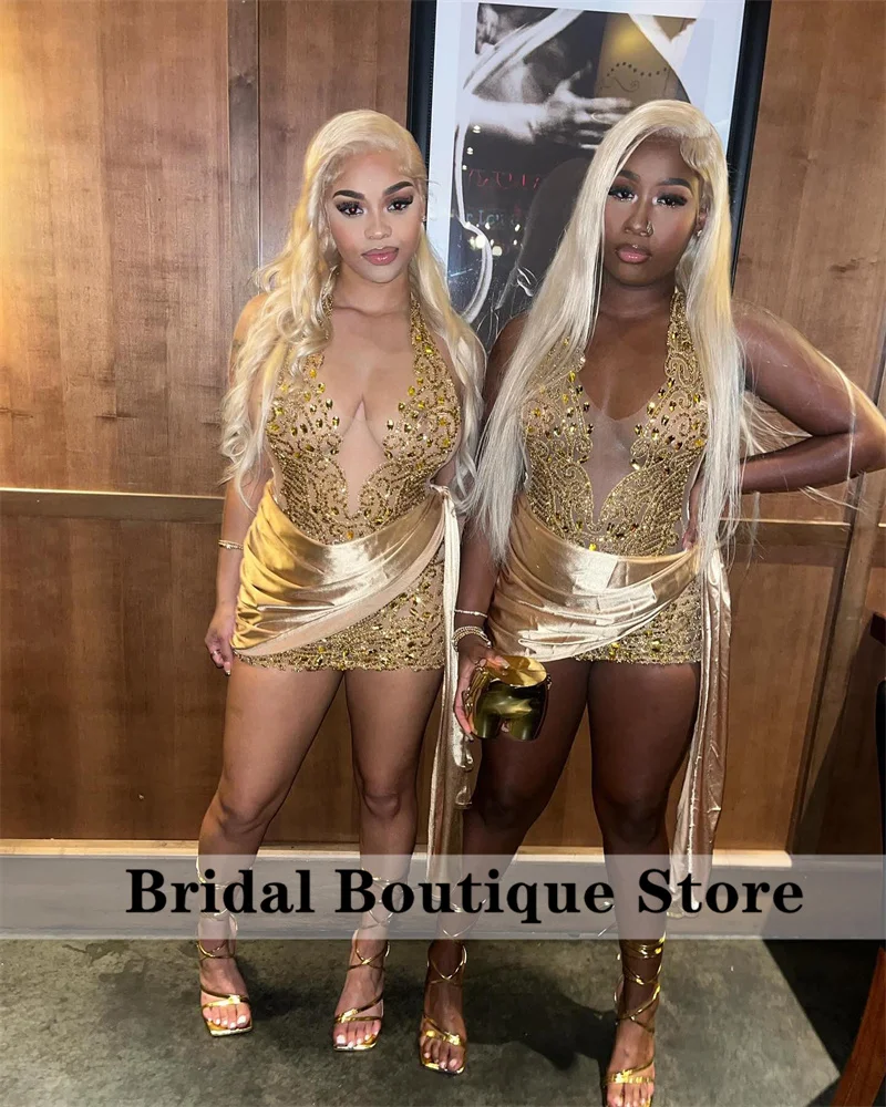 

Sparkly Gold Diamonds Short Prom Dresses 2024 Glitter Beads Crystals Rhinestones Sexy Birthday Party Gown Senior Homecoming