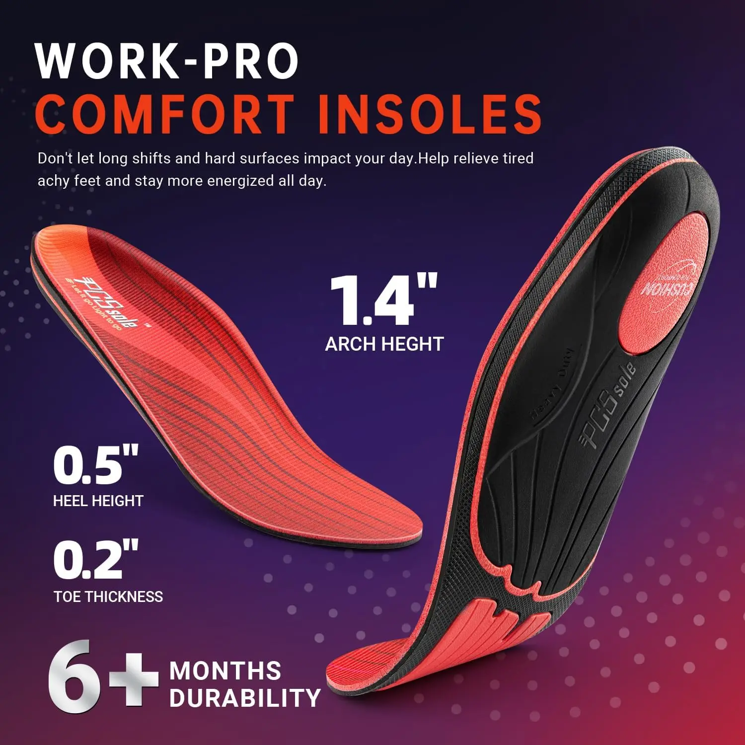 PCSsole Work Comfort High Arch Support Insoles 220+ lbs Heavy Duty Orthotic Inserts with Shock Absorption for Plantar Fasciitis