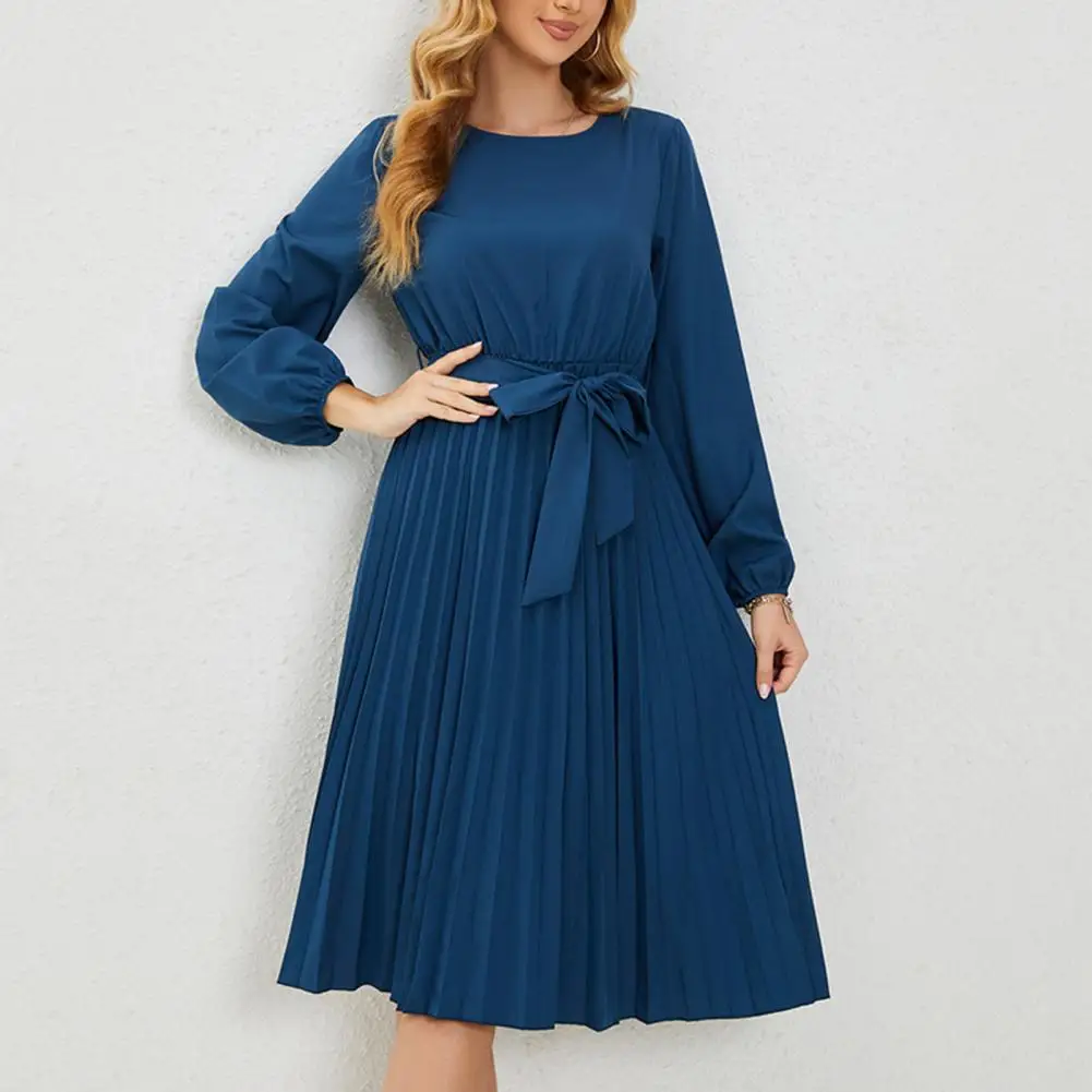 

Women High-quality Dress Spring Autumn Pleated Long Dress Elegant Lady A-line Midi Dress Pleated Hem Long Women Pleated Dress