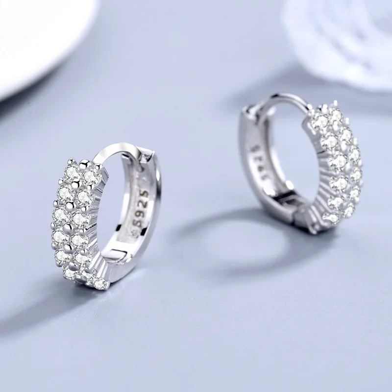 

Fine 925 Sterling Silver Original Double Row Crystal Round Earrings Stud for Women Fashion Jewelry Engagement Party Gifts