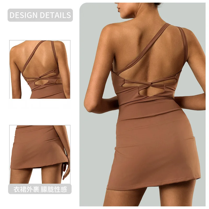 Women Dress Sports Clothing Tennis Dress Shorts Chest Pads Sexy One Shoulder Straps Stretchy Golf Badminton Skorts Yoga Suits