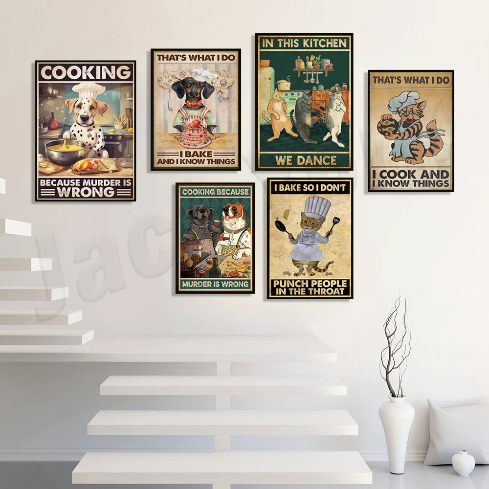 cooking up some fun i love baking vintage poster, funny dog, cat cooking poster, baking poster, cooking kitchen poster