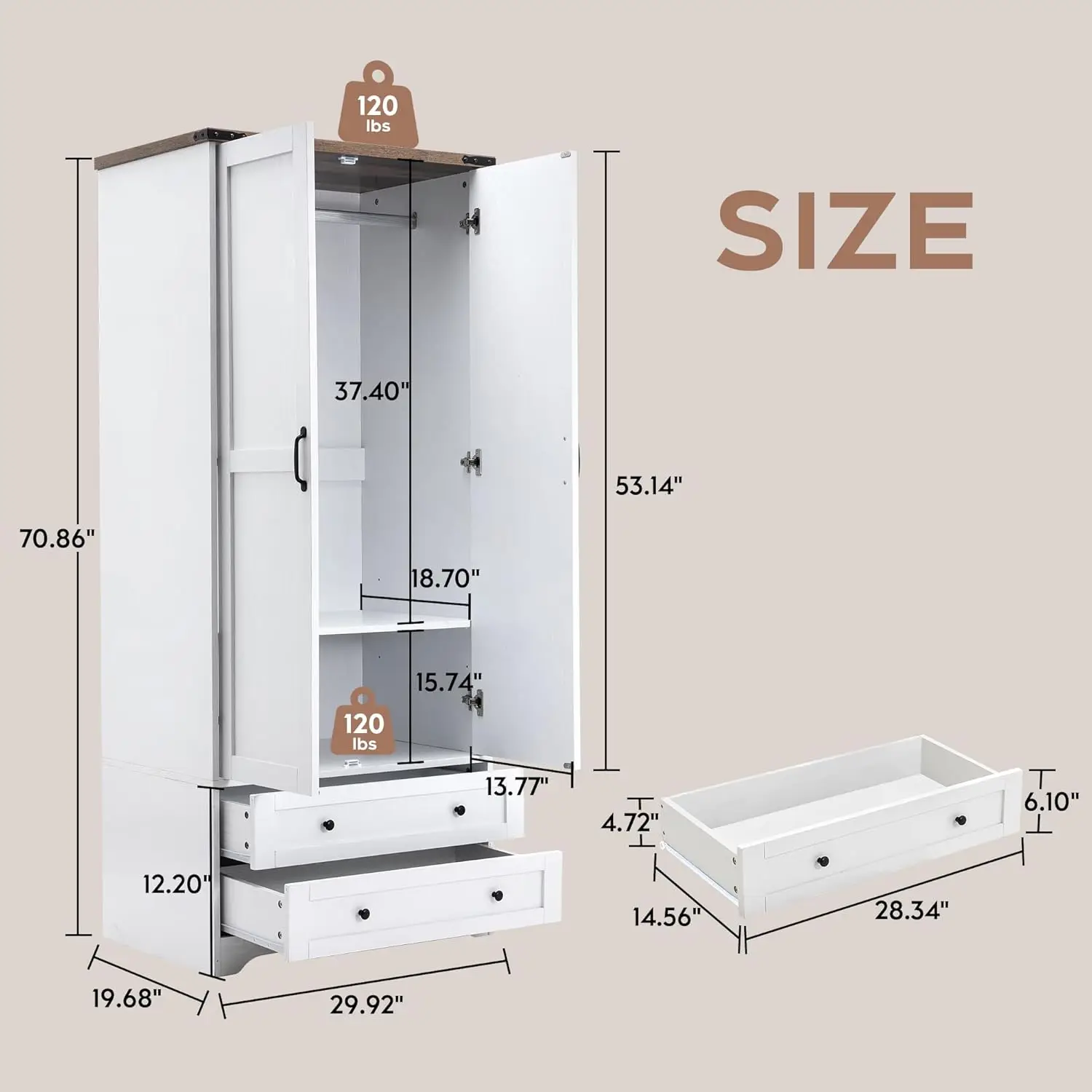 Wardrobe Closet with 2 Modern Doors, 71" Tall Freestanding Closet Wardrobe Cabinet with Drawers and Hanging Rail,