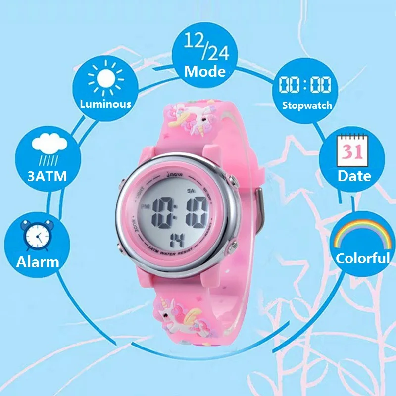 Beautiful Cute 3D Heart Rainbow Unicorn Girls Kids Children Silicone Waterproof Digital Sport Alarm Luminous Gifts Watches Clock 4