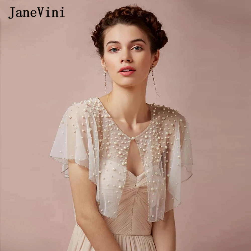 

JaneVini Luxury Pearls Tulle White Bridal Shawl Wrap 2022 Summer Wedding Bolero Cloak Elegant Women Evening Shoulder Cape Jacket
