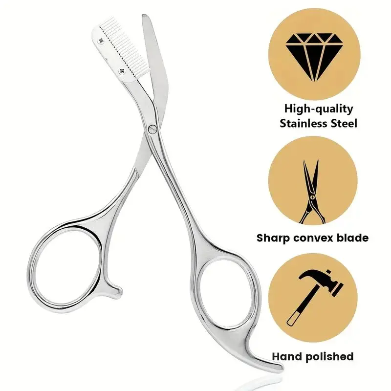 Stainless Steel Eyebrow Trimmer Scissors & Comb Set - Precision Grooming Tool for Men and Women - Effortless Hair Removal 2