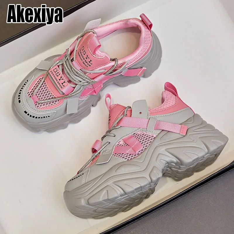 

2023 Women Chunky Sneakers Mesh Pachwork Round Toe Lace-Up Breathable Ladies Flat Causal Shoes