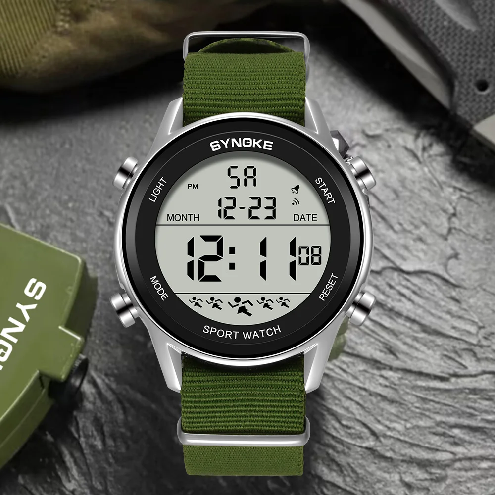 Synoke Men Outdoor Sports Multifunctional Waterproof Large Screen Display Luminous LED Digital For Men Nylon Strap Watch 6