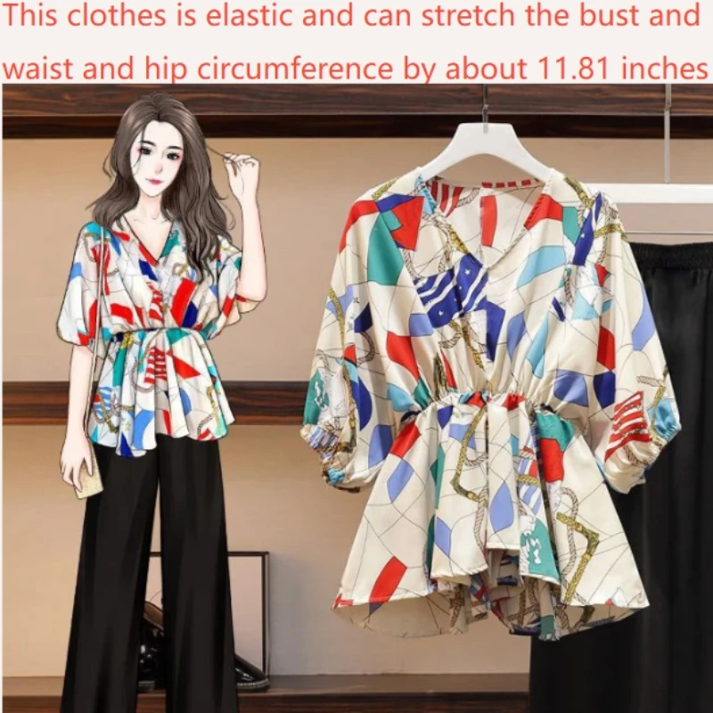 2025 Spring New Woman Pant Set Two-piece V-neck Bat Sleeve Elastic Waist Color Block Printed Top Wide Leg Pants Female Clothing