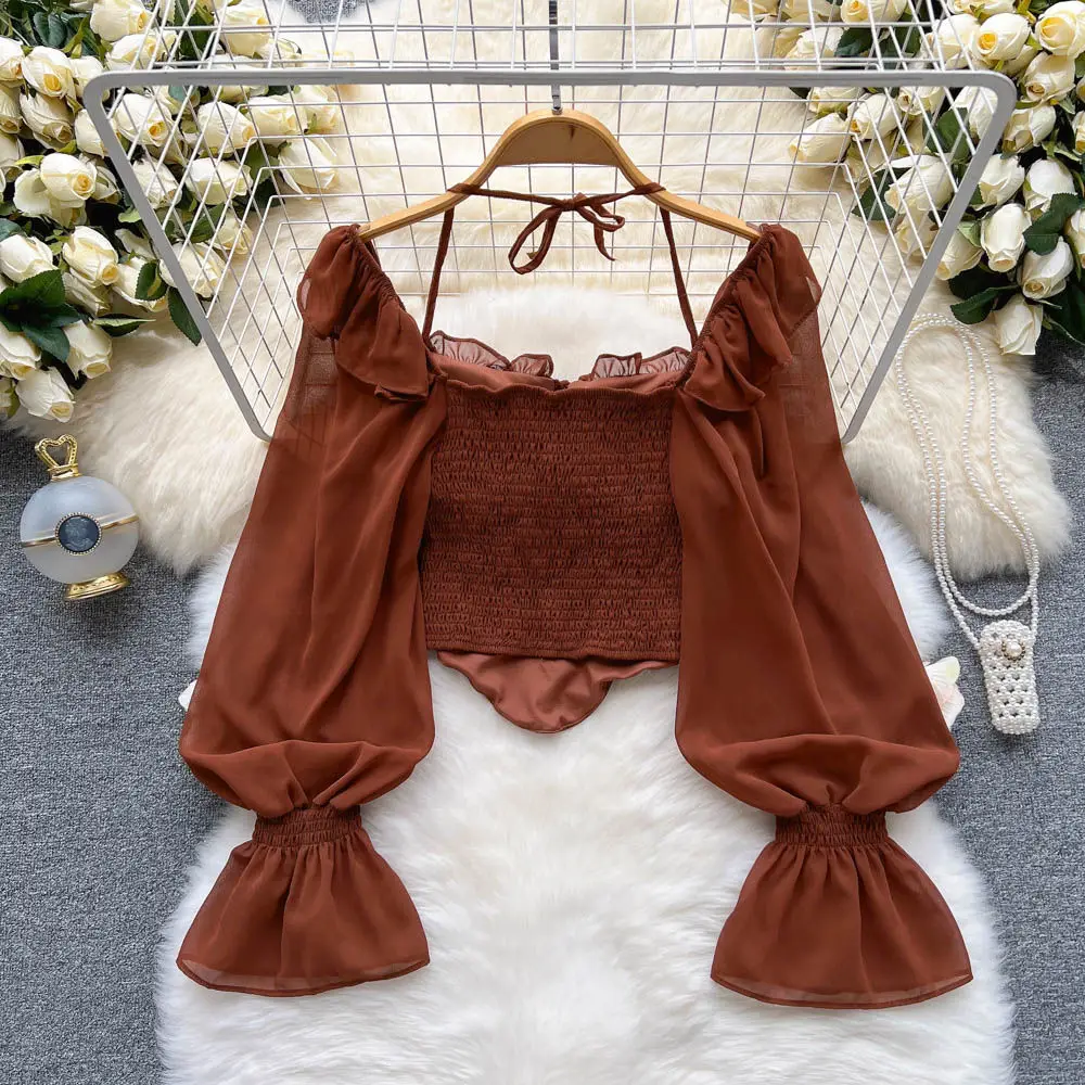 White Blouses Women Aesthetic Solid All-match Vintage Casual Ladies Tops Slim Schoolgirls Spring Bandage Lantern Sleeve Clothing