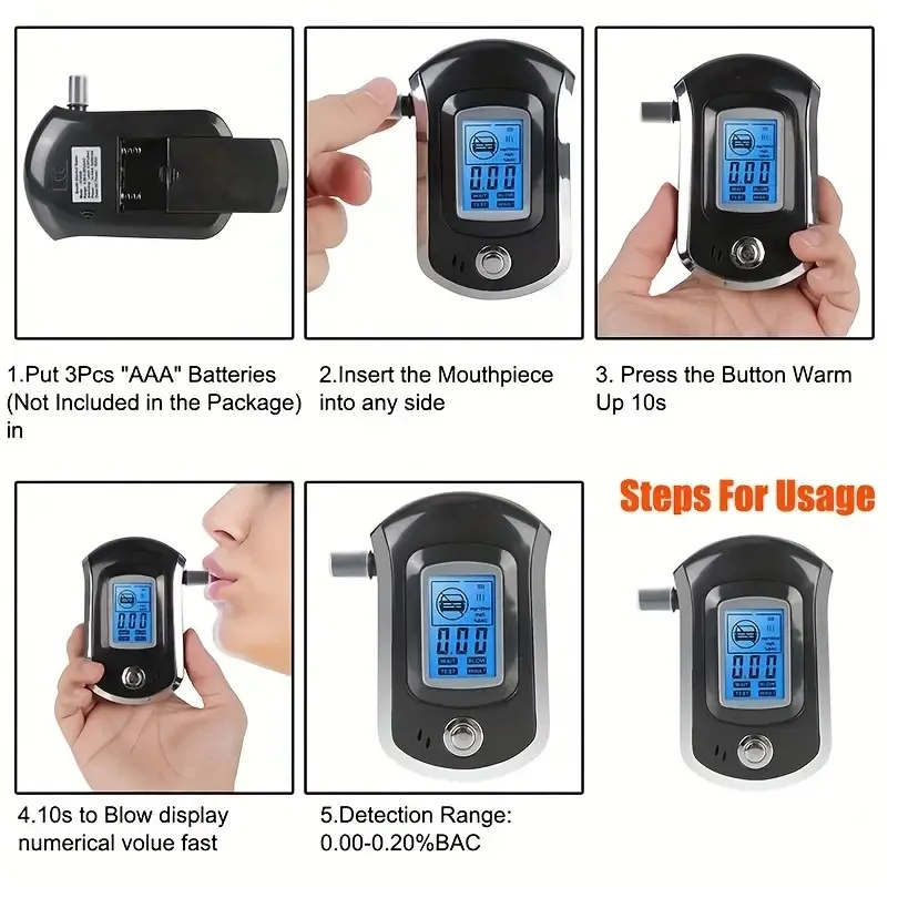 Professional Digital Breath Alcohol Detector,Breath Drunk Driving Tester, Blue Backlight LCD Screen Analyzer (3 XAAA๏ผ