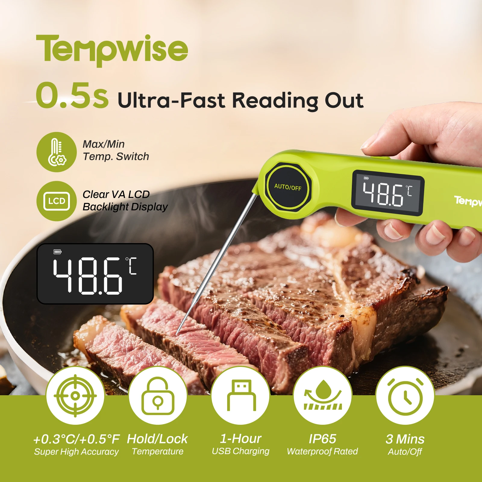 Tempwise RHT-21K Handheld Meat Thermometer – Ultra Fast 0.5s Reading 1