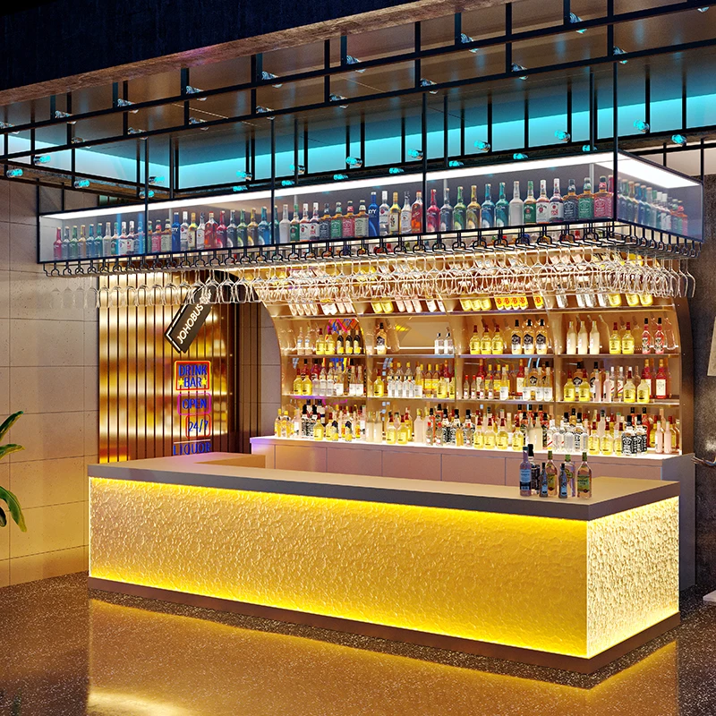 Bar Counter, Wine Cabinet, Wall Mounted Luminous Wine Rack, Wrought Iron Creative Tempered Glass Cashier Counter