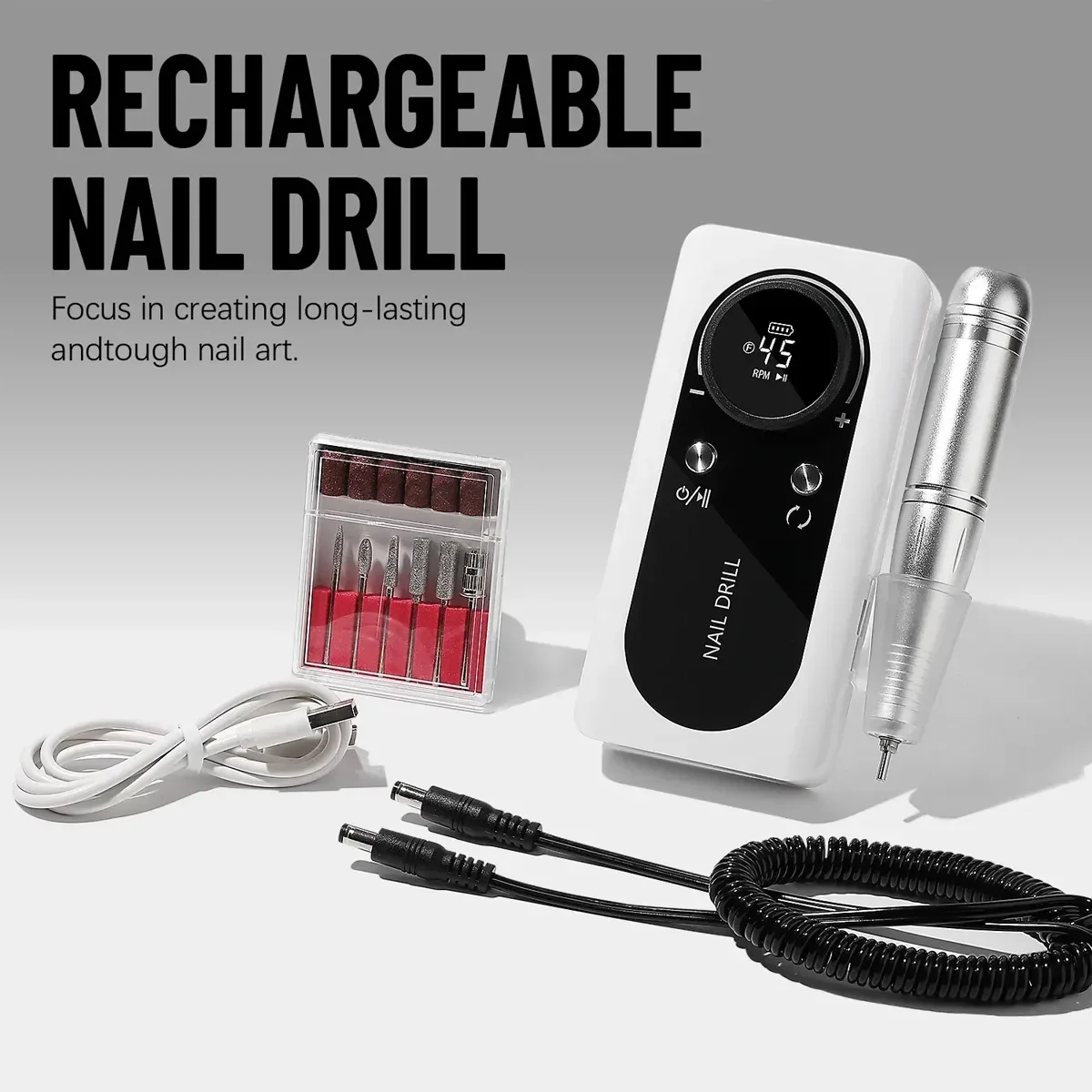 Electric Nail Drill 45000RPM With LCD Display Rechargeable Nail File Nails Accessories Gel Polish Sander Low Noise