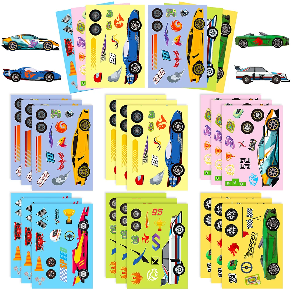 6/12sheets DIY Race Car Cartoon Stickers Game Make a Face Sticker Waterproof Kid Educational Toys Party Decoration Decal Gift 68pcs railway car track racing track toys set bend flexible pull back drift race track car educational toys for kids boy gift