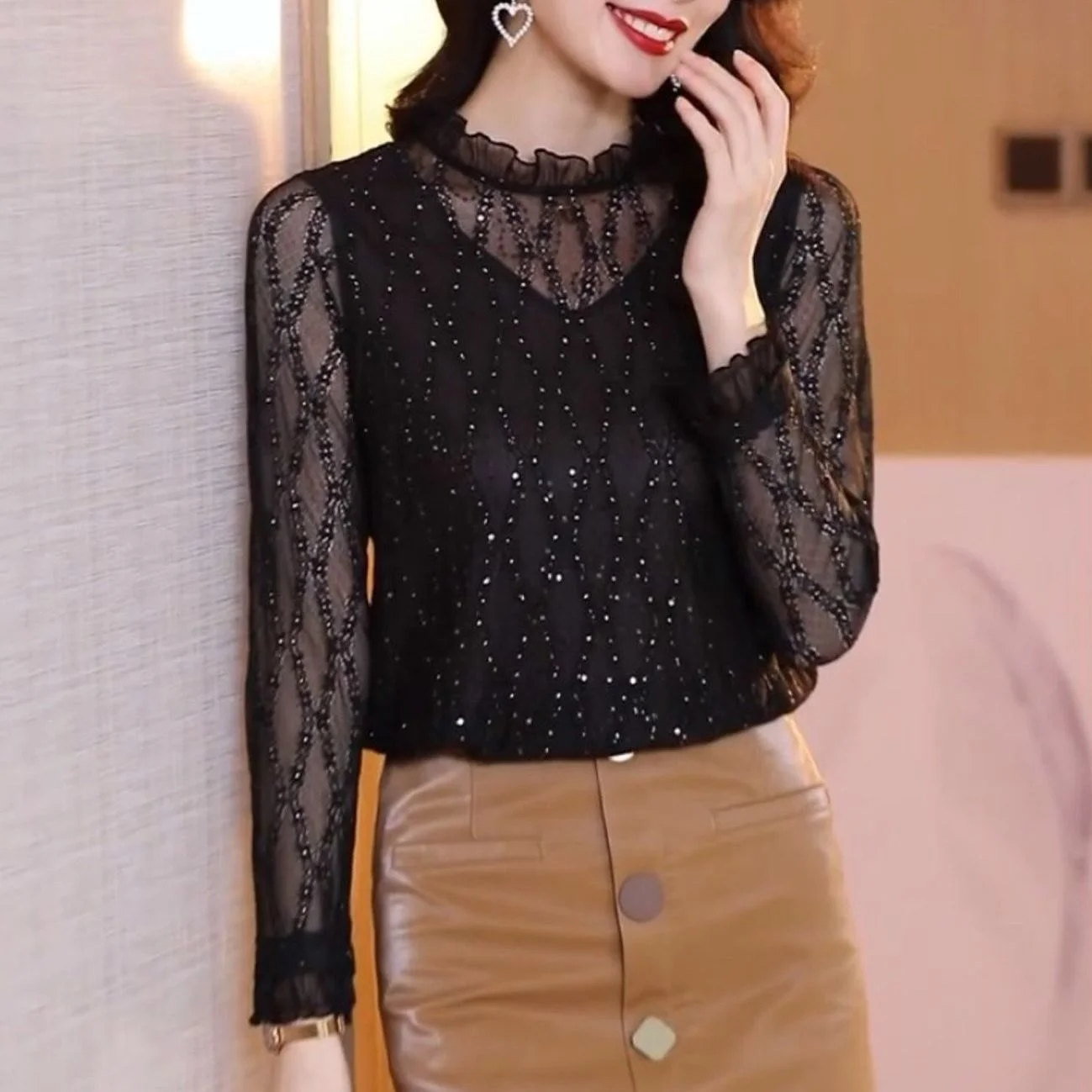 

Black Lace Women's Autumn Winter New Style Collar Slim Long Sleeved T-shirt Blusas Clothes for Women Blouse Shirts