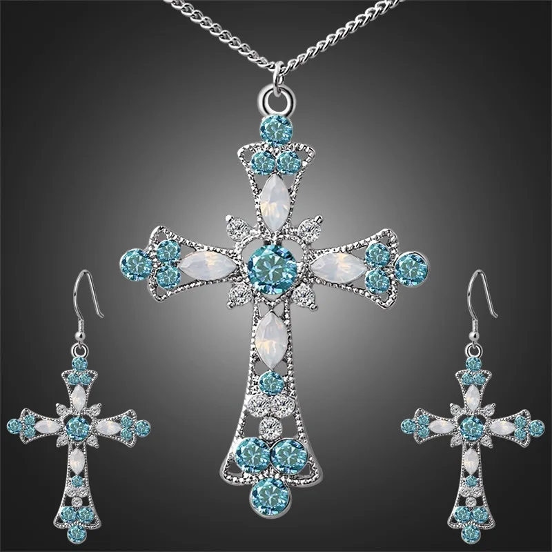 1 pair of earrings+1 pendant necklace set, wedding and engagement friend gift, sparkling cross design rhinestone jewelry set - 5
