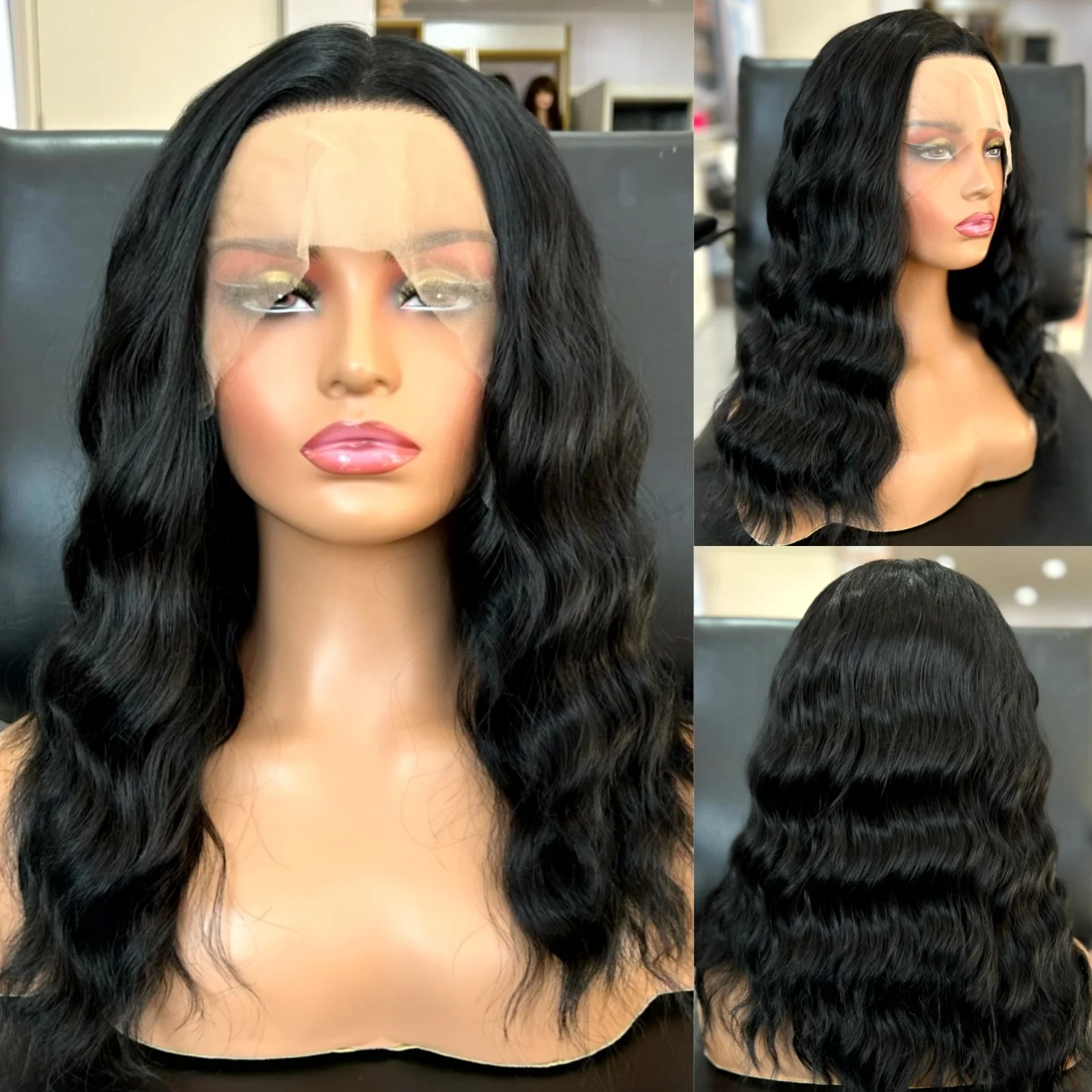 Short Black Curly Bob Wig Loose Deep Wave Synthetic Hair Free Part 13X4 Lace Front for Women Daily Party