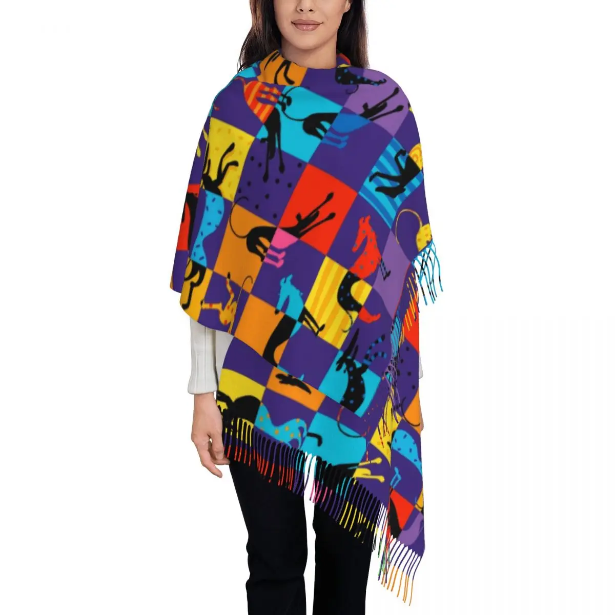 

Pop Art Hounds Scarf Winter Warm Pashmina Shawls and Wrap Greyhound Whippet Lurcher Dog Long Scarves with Tassel for Daily Wear