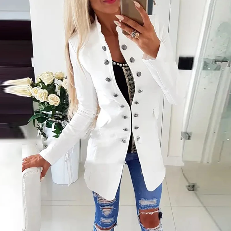

Female Stand Collar Single-Breasted Woolen Jacket Elegant Casual Solid Color Outwear Shirt Autumn Long Sleeve Slim Cardigan Coat