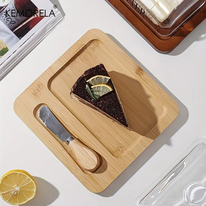 KEMORELA Wood Butter Dish Glass Lid Knife Cheese Cake Dessert Storage Plate Countertop Dish Butter Cheese Container