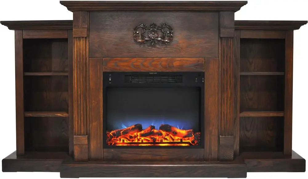 Sanoma 72 Inch Freestanding Electric Fireplace Heater with Traditional Mantel Built-In Bookshelves LED Multicolor Flames Timer