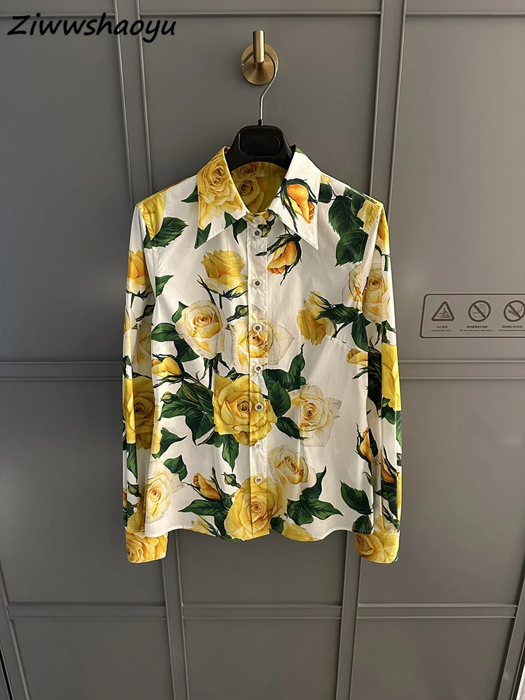 

High Quality Summer Women Fashion Runway Designer Cotton Lantern Long Sleeve Yellow Floral Printed Loose Shirts Blouses