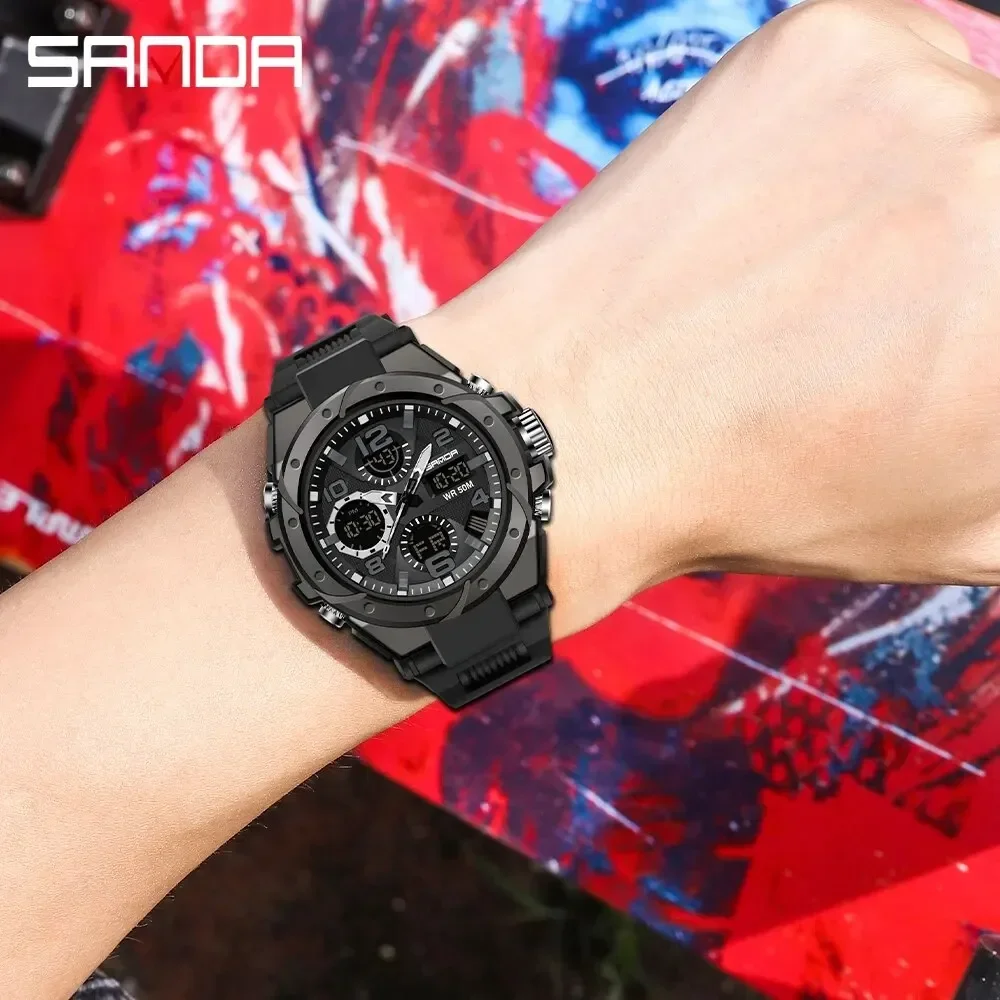 SANDA 6008 LED Dual Display Digital Electronic Mens Wristwatches Luxury Waterproof Sport Watch for Men Military Shockproof
