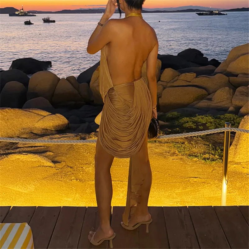 OMSJ Halter Ruched Irregular Backless Summer Sleeveless Trendy Bodycon Loose Maxi Dress Women Y2k Sexy Elegant Party Vestidos