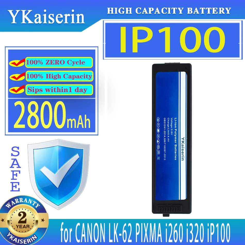 

YKaiserin 2800mAh Replacement Battery IP100 for Canon LK-62 PIXMA i260 i320 iP100 min 2446B003 K30274 LB-60 QK1-2505-DB01-05