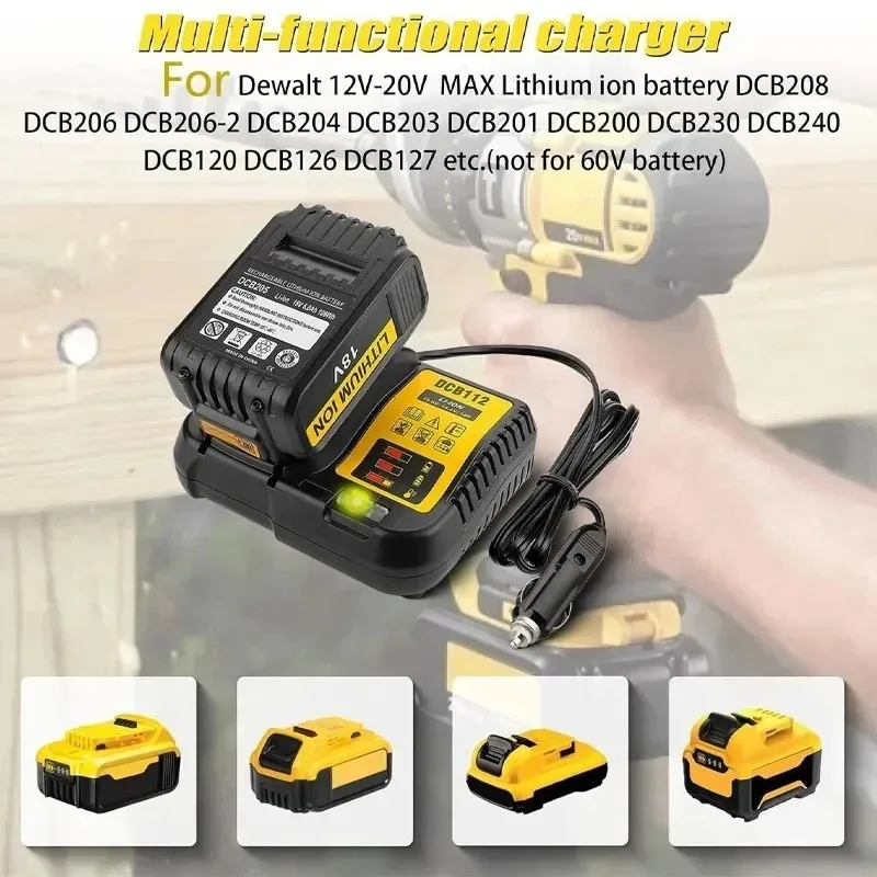 DeWalt 12V/20V 리튬 이온 배터리용 휴대용 DCB112 차량용 충전기, DCB200 DCB612용 시가 라이터 플러그 LED 표시등 포함