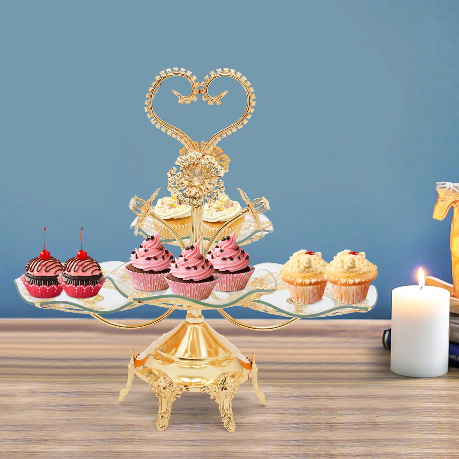 Round Wave Glass Serving Tray, Reusable Treat Stacked Pastry Serving Platter for Birthday Wedding Party Display Decoration