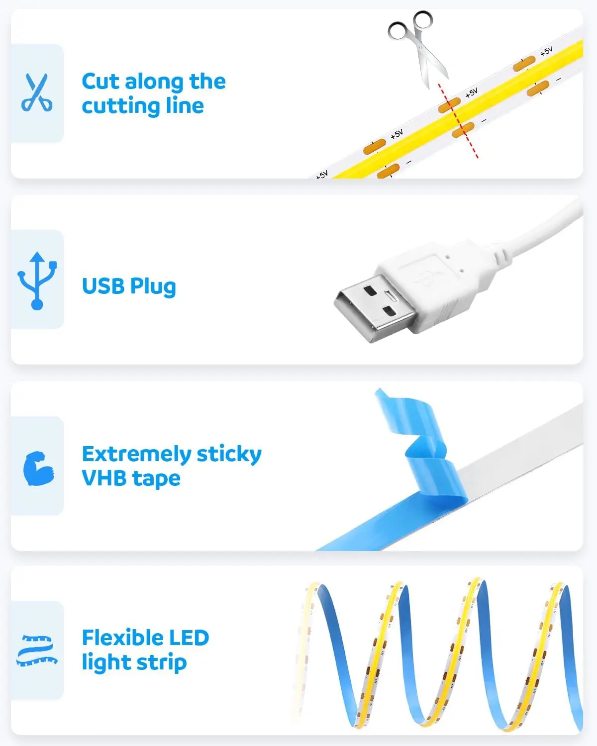 تيار مستمر 5 فولت USB LED COB قطاع أبيض دافئ أبيض...