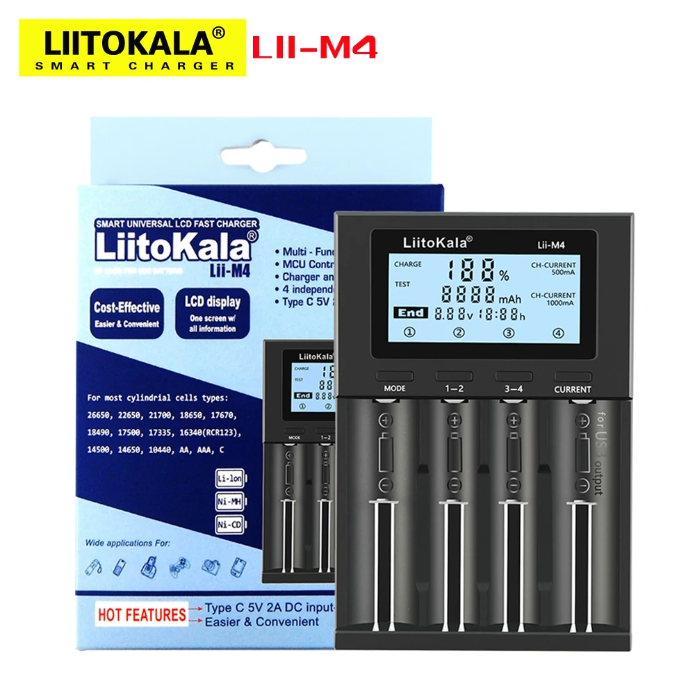 LIITOKALA LII-M4 4 слота зарядное устройство ЖК-дисплей для 18650 AA AAA литиевая NiMH батарея