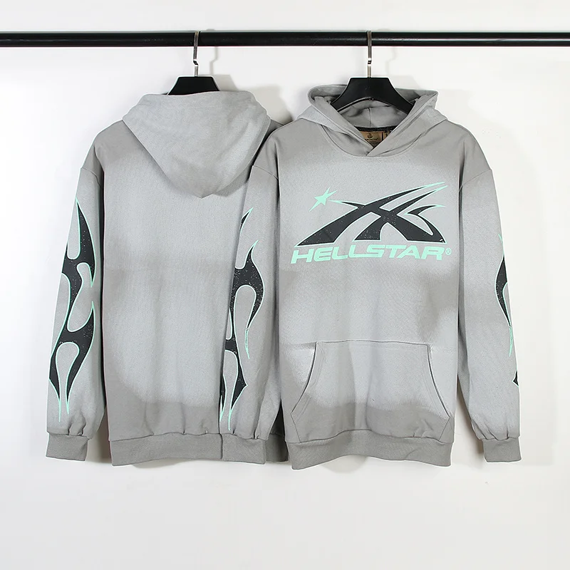 

Hellstars High Street Extra Large Vintage Mud Dyed Arm Print Grey Men's And Women's Sports Hoodie