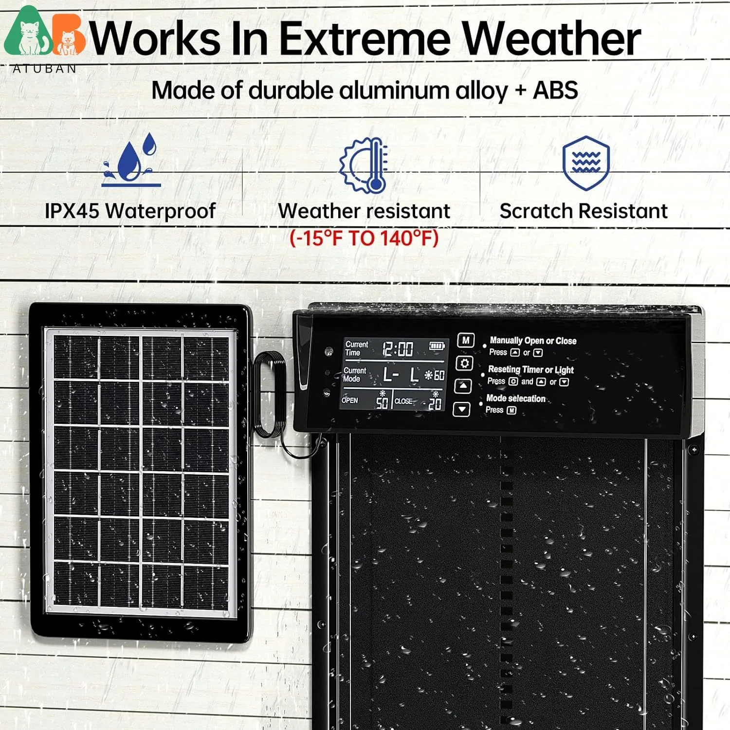 ATUBAN Solar Chicken Coop Door,Automatic Duck Door,Auto Poultry Door 4 Modes with Timer&Light Sensor,Anti-pinch&Alert,Waterproof