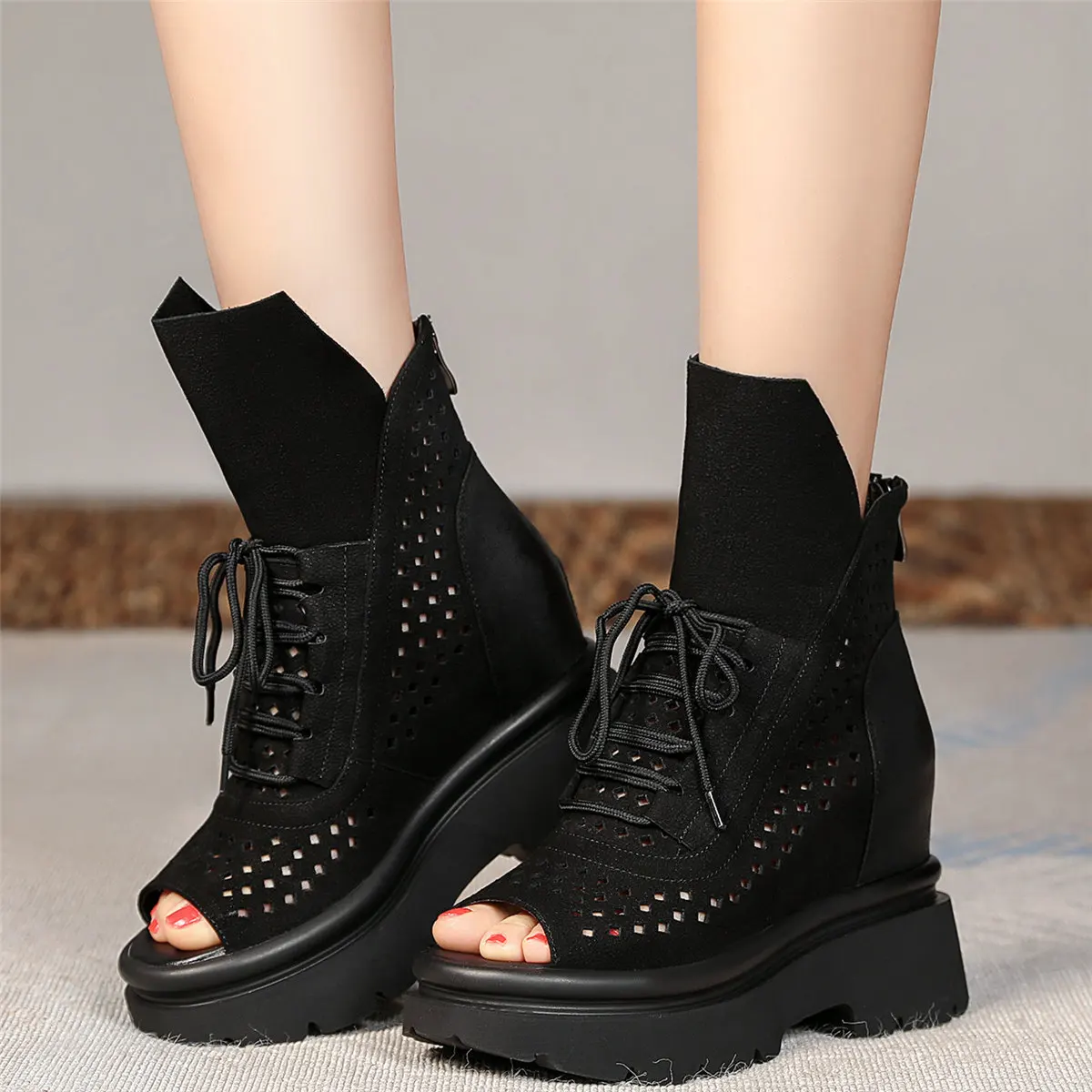 

Summer Platform Pumps Women Lace Up Genuine Leather High Heel Gladiator Sandals Female Open Toe Fashion Sneakers Casual Shoes