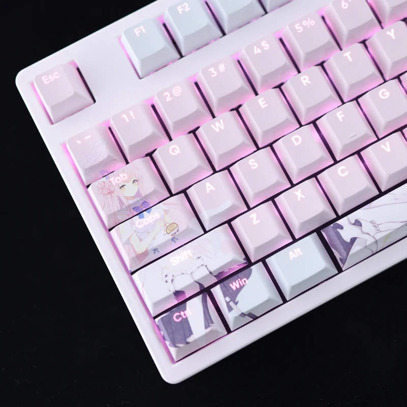 Anime Azul Arquivo Keycaps Grupo 108 Chaves Misono Mika Pbt Tintura Subbed Backlit Desenhos Animados Jogos Ansi 61 87 104 108 - Imagem 4