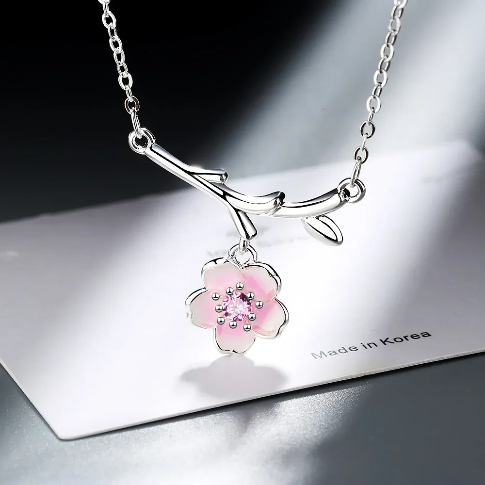 S925 Sterling Silver Women's Pink Cherry Blossom Branch Pendant Necklace (40cm+3.5cm) Luxury Jewelry