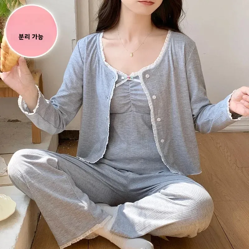 여성용 파자마 세트, 가슴 패드, 코튼 스위트 스트랩, 오픈 가디건, 긴 바지, 홈웨어, 용수철 가을, 6535