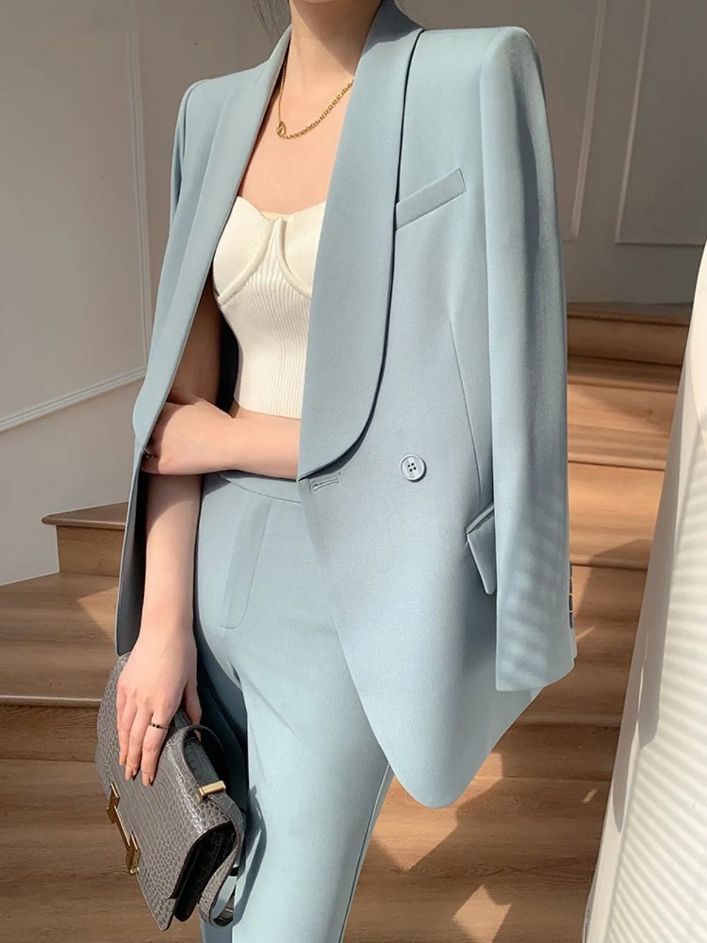 Fashion Slim Women 2 Pcs Blazer Set Business Long Sleeve Jackets & High Waist Pants Duble Breasted Office Ladies Trousers Suits
